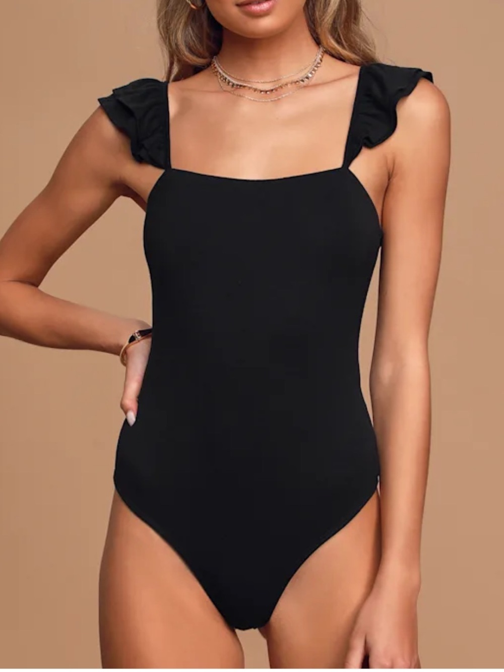Lulus Repeat After Me Black Sleeveless Ruffled Bodysuit Size Small